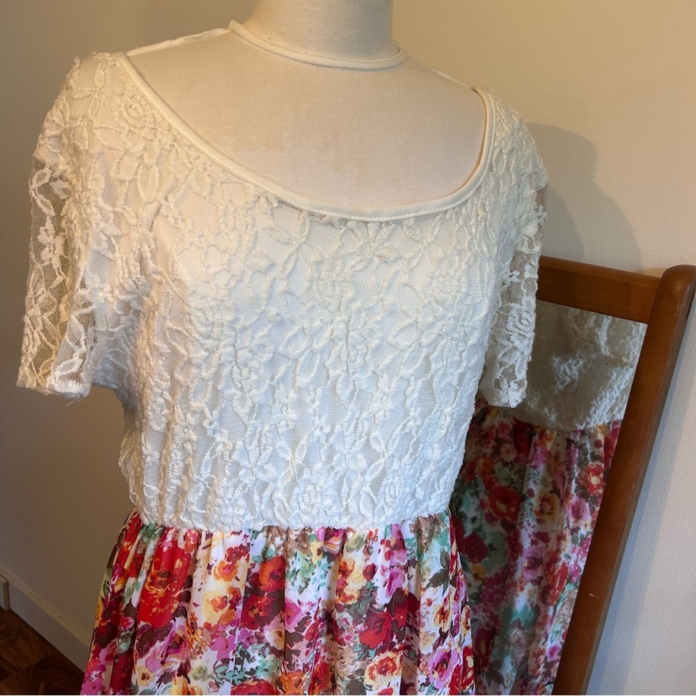 Y2K Floral & Lace Women's Midi Dress Fully Lined Sheer Sleeves Size XL - Picture 2 of 7